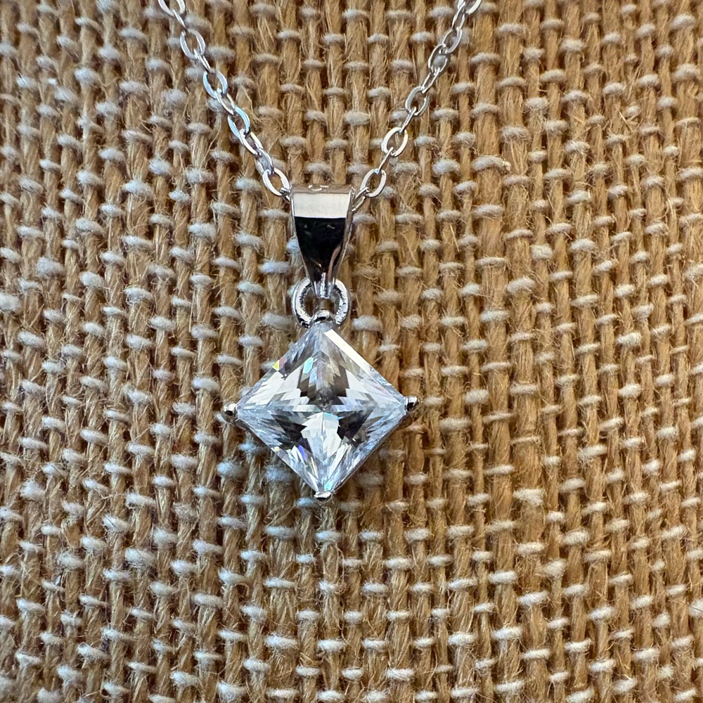 Solid Sterling Silver One Carat Princess Cut Moissanite Necklace - Picture 4 of 6